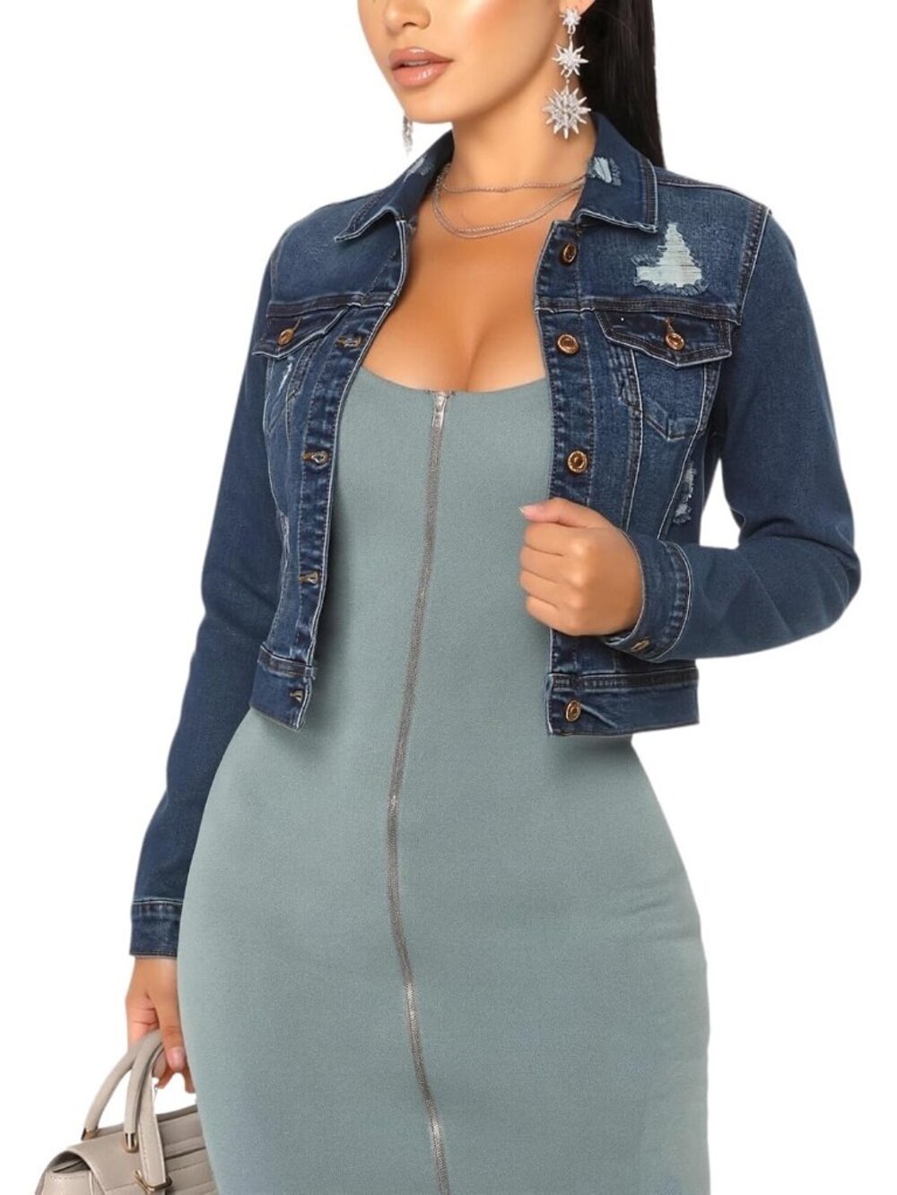 Women's Dark Blue Camouflage Denim Jackets Long Sleeve Zipper Jacket with Pocket